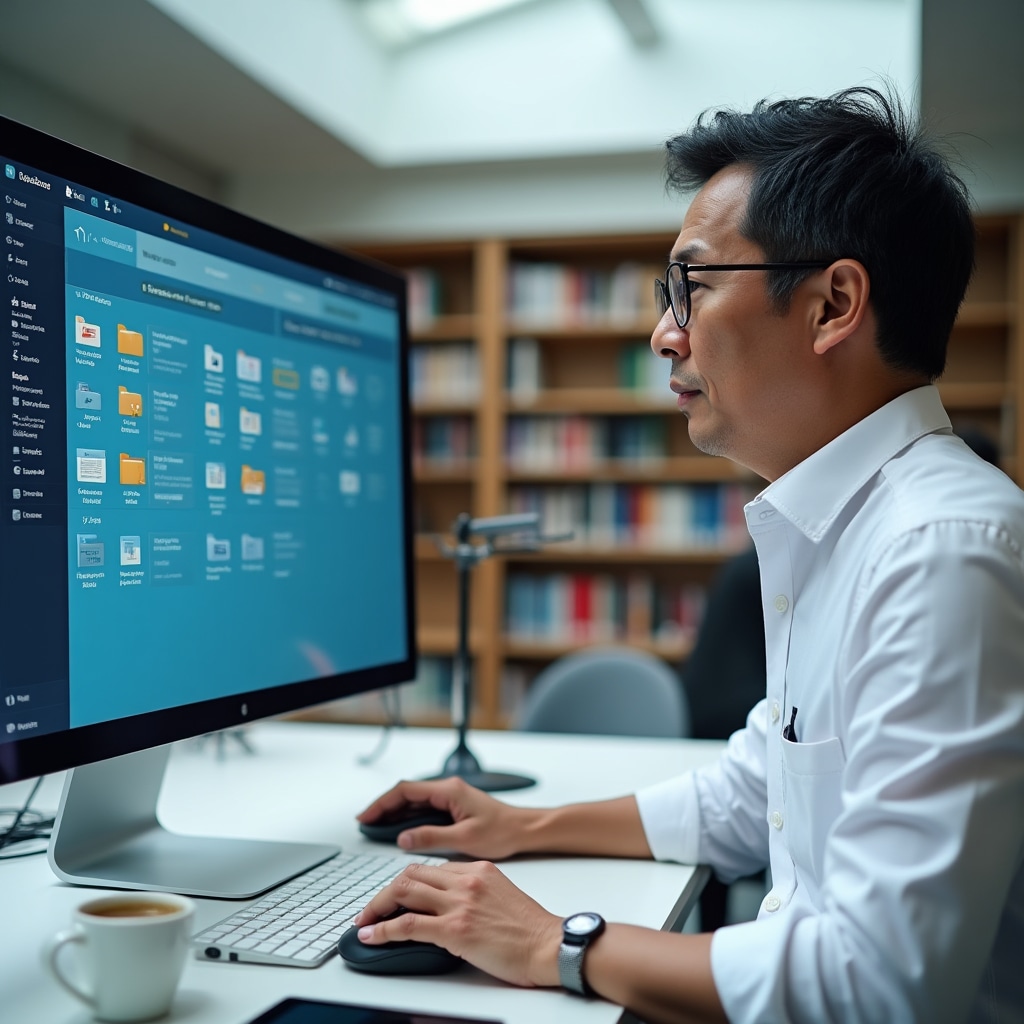 Professional using digital document management system on computer screen
