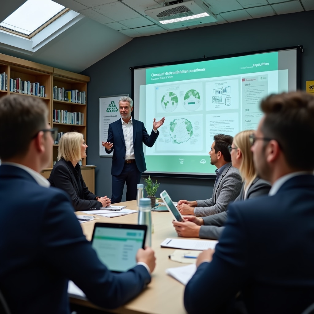 Interactive employee training session on sustainable office practices with engaged participants