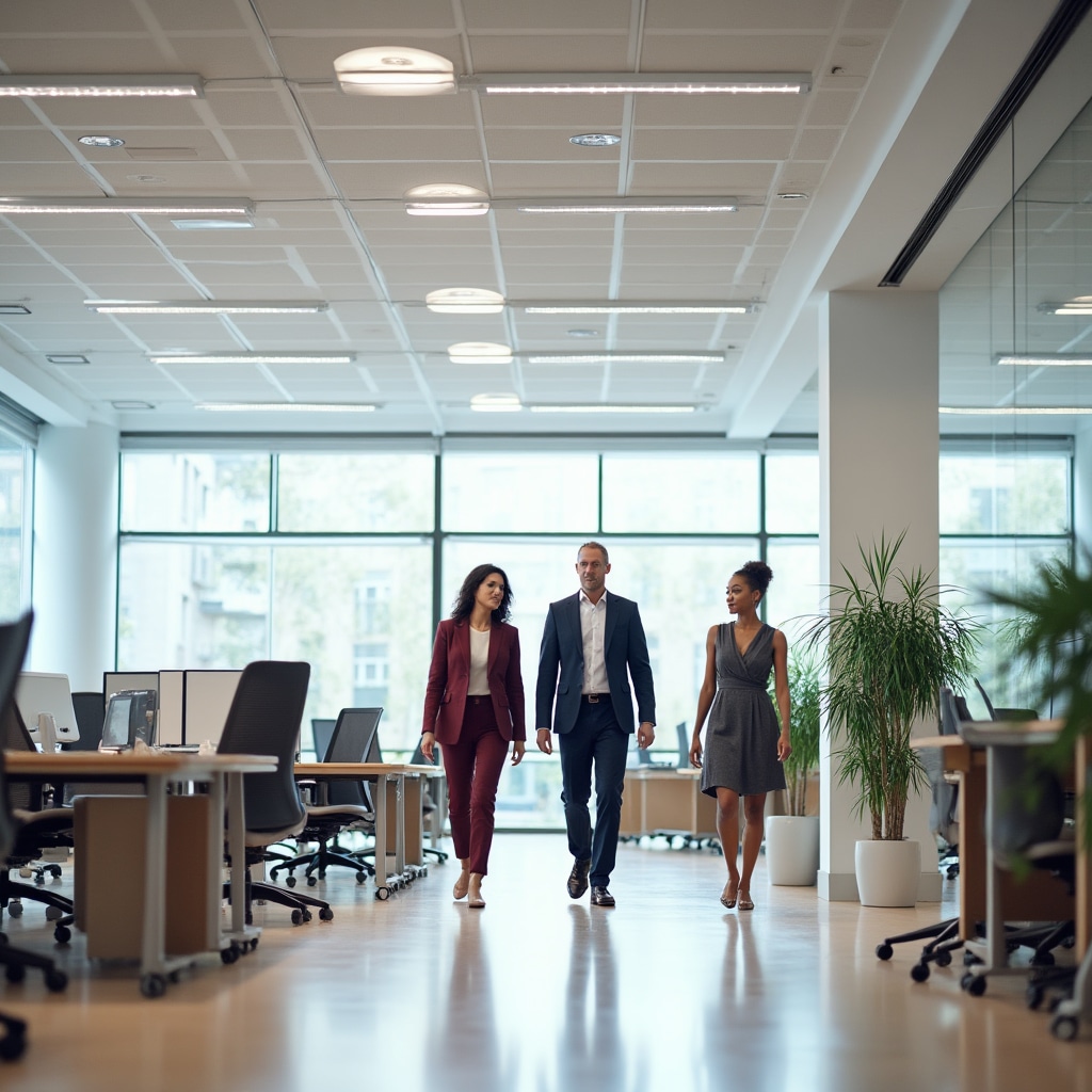 Modern office space with energy-efficient LED lighting and natural daylight