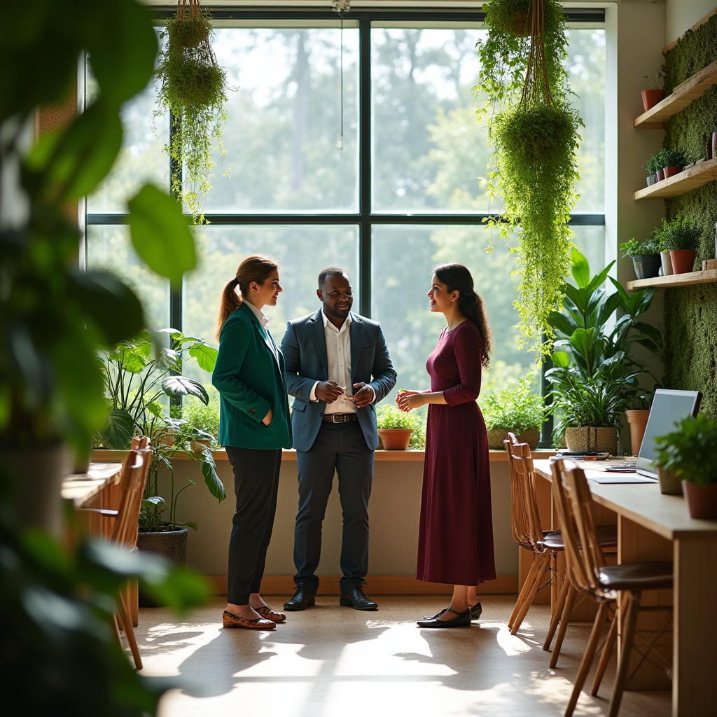 Bright office space with indoor plants, natural materials, and sustainable design elements