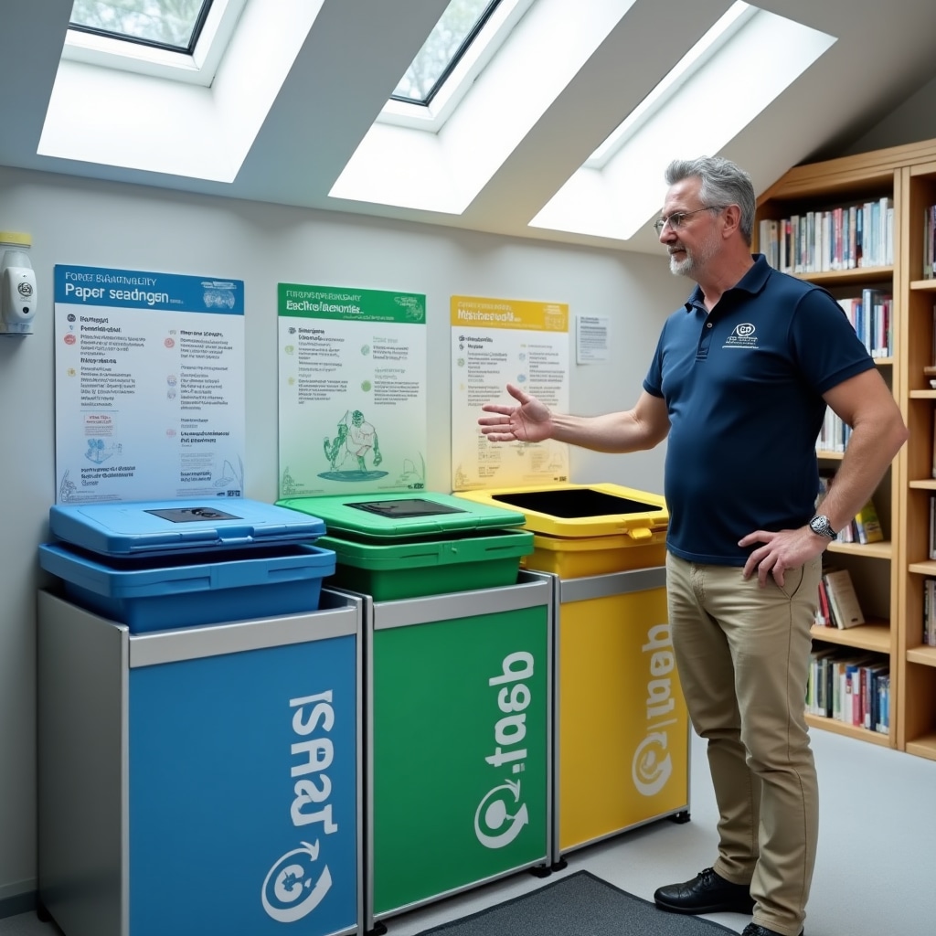 Well-organized office recycling and waste separation station with clear labeling