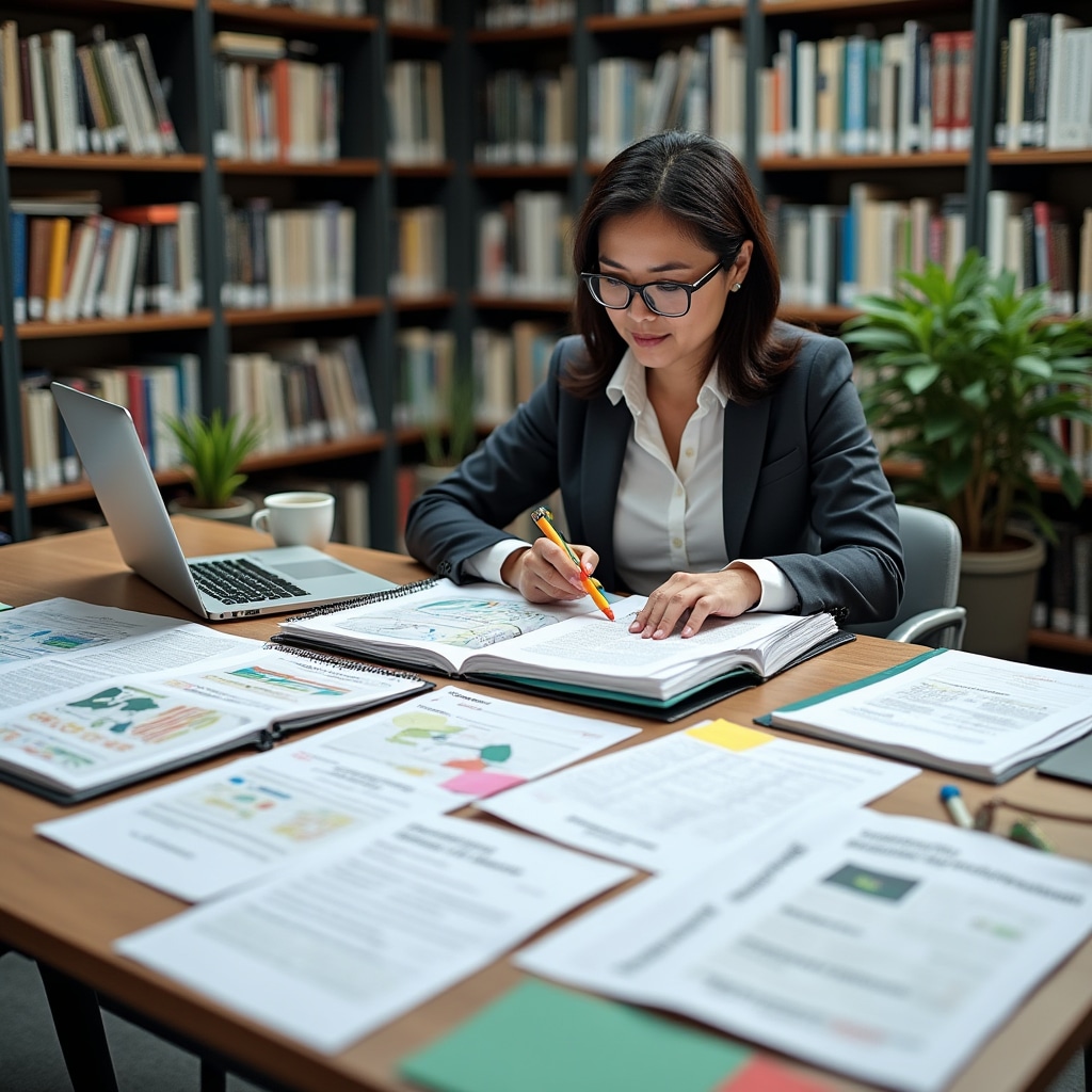 Organized sustainability documentation and resource materials on desk