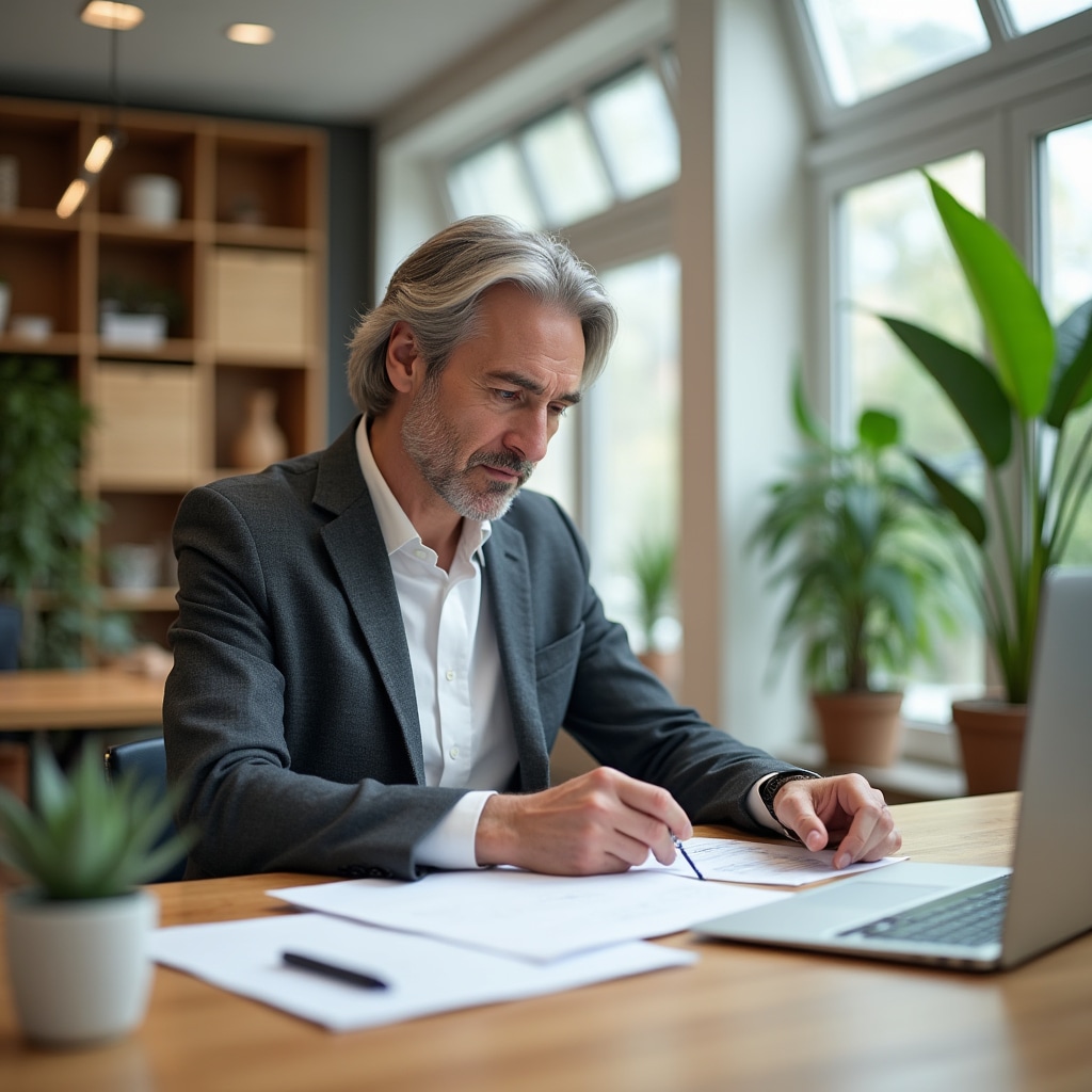 Modern sustainable office workspace with natural lighting and organized desk setup