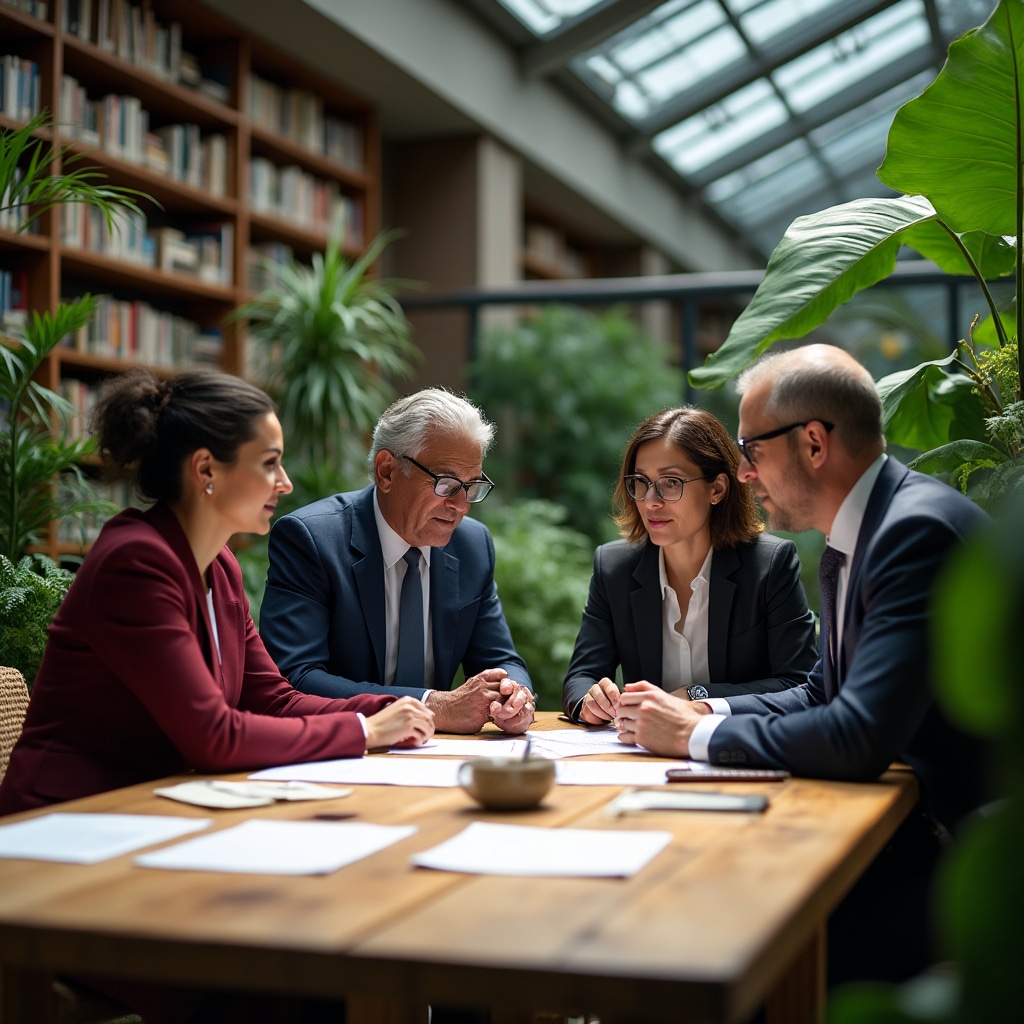 Business team collaborating in eco-friendly office environment with plants and natural materials