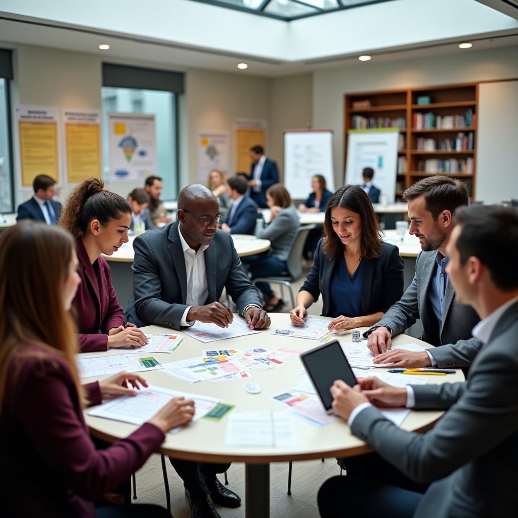 Professional workshop training environment with participants learning sustainable office practices